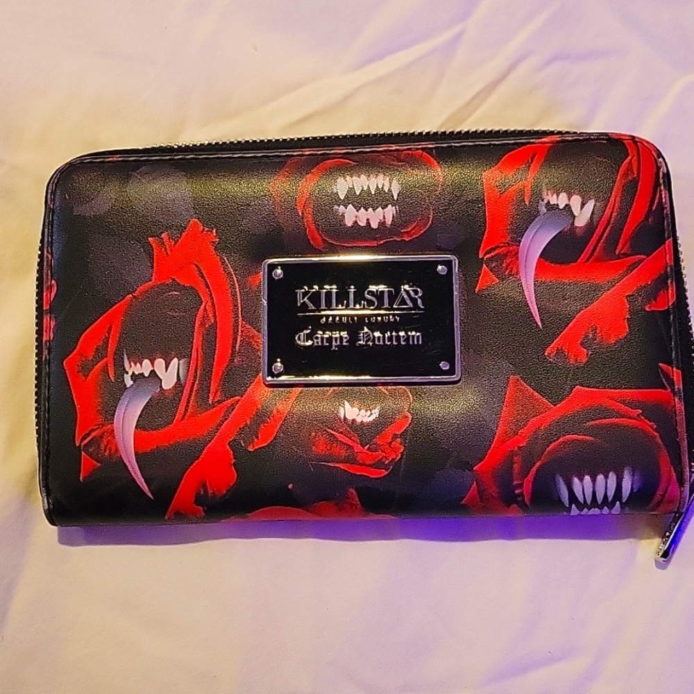 Killstar wallet in black and red, vampire rose vinyl.